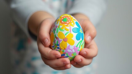 Kid hands holding painting Easter eggs. Hand with egg isolated on white background. Easter holiday concept. Close up, selective focus