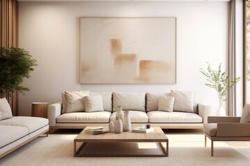 A coastal cozy living room with soft white sofa. Living room home interior design with soft beige wall background.
