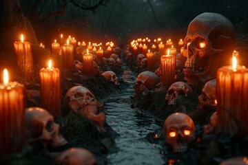 Forest of dread Candlelit skulls form a chilling woodland arrangement