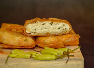 Martabak Tahu or  Tofu Martabak which is filled with chopped vegetables, spring onions, tofu and eggs. Indonesian traditional food.