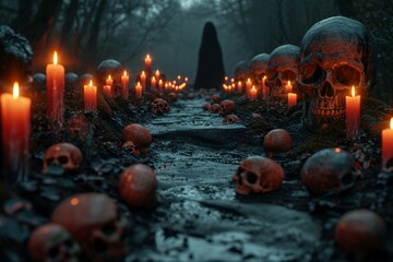 Eerie ambiance Skulls line a forest path, candles casting shadows - obrazy, fototapety, plakaty
