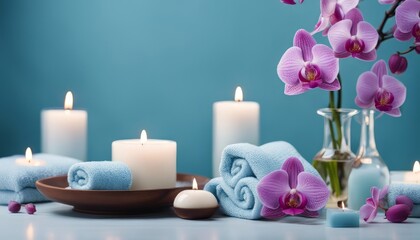 Fototapeta na wymiar Spa salon light blue composition in wellness center. Spa still life background with aromatic candle