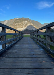 The wooden bridge to the Hallstatt skywalk island, Hallstatt, Austria.