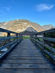 The wooden bridge to the Hallstatt skywalk island, Hallstatt, Austria.