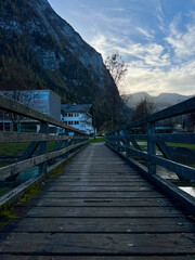 Fototapeta na wymiar The wooden bridge to the Hallstatt skywalk island, Hallstatt, Austria.