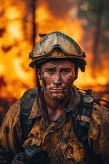 Obraz premium Portrait of a middle aged tired firefighter in safety uniform and a helmet