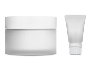 Cream jar mockup. Face cream glass container blank. Lip moisturizer plastic tube. Medicine scrub or balm round jar template. Eye gel squeeze tube, cosmetic ointment pack.