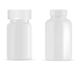Medicine pill bottle mockup, realistic shiny vector blank. Isolated supplement jar with lid, plastic vitamin container template for pharmacy remedy product. Health cure capsule cylinder bottle