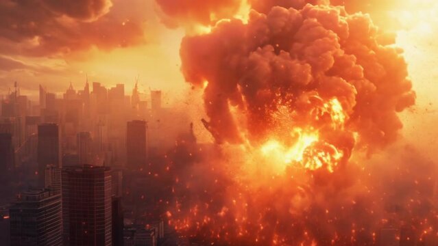 Nuclear bomb explosion above city. Third world war concept. Arms race Epic big bang. Apocalyptic catastrophe. Ruined houses buildings. Doomsday hell. Global problem radioactive catastrophe. Armageddon