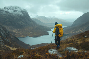 Hiker with rucksack looks down into the valley, generative ai
