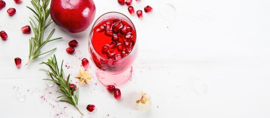 Christmas drink with sparkling wine, pomegranate, and rosemary, viewed from above on a white table.