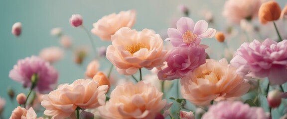 Fototapeta premium Spring floral composition made of fresh colorful flowers on light pastel background