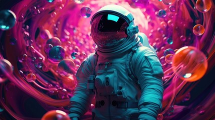 Astronaut wear space suit and standing on the colorful bubbles galaxy.