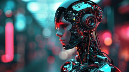 Female cyborg robot with artificial intelligence in background