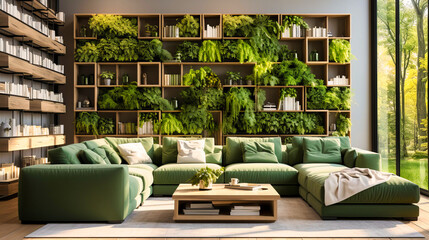 Urban Jungle Retreat: Stylish Living Room with Greenery, Comfortable Furniture, and Inviting Contemporary Design.