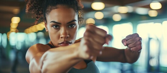 Woman practicing punches at health club. - obrazy, fototapety, plakaty