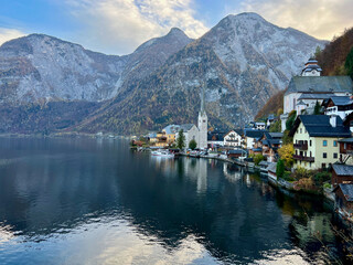 The renowned view of Hallstatt town overlooking the lake in Hallstatt, Austria.