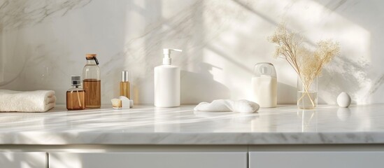 Eco-friendly natural detergents for white marble table in kitchen, space for text.