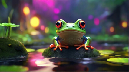 A frog sits on a leaf in water - obrazy, fototapety, plakaty
