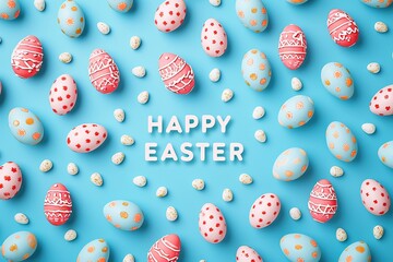 Spring Decoration Label With English Text Happу Easter, Creative Easter layout made of colorful eggs on blue background. flat lay concept.