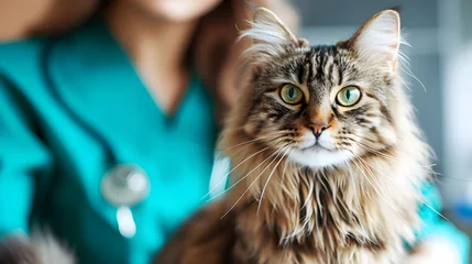 Tuinposter Female veterinarian holds sick cat close-up. Diagnostics of pets health clinic concept © Jan