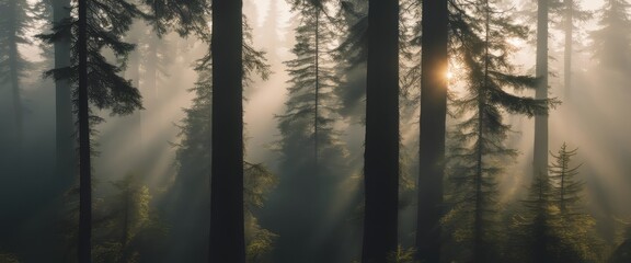 Fototapeta na wymiar spruce treetops on a hazy morning. wonderful nature background with sunlight coming through the fog