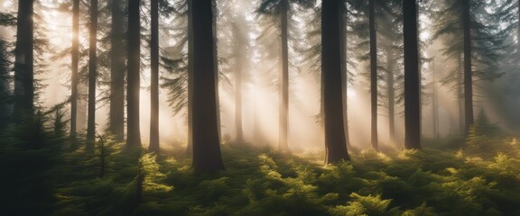 spruce treetops on a hazy morning. wonderful nature background with sunlight coming through the fog
