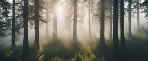 spruce treetops on a hazy morning. wonderful nature background with sunlight coming through the fog