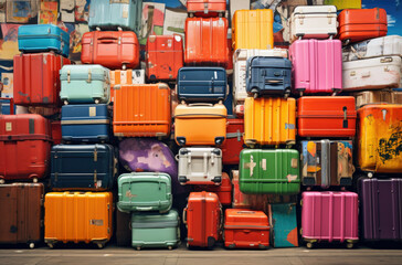 Multicolor packed suitcases on airport background. Travel concept