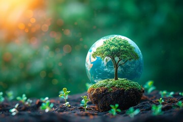 Photo Sustainable vision Tree and globe on green background represent renewable energy - obrazy, fototapety, plakaty
