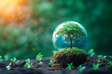 Tuinposter Photo Sustainable vision Tree and globe on green background represent renewable energy © Muhammad Shoaib