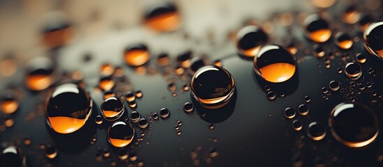 Macro close up of oil droplets on a dark surface.