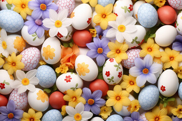 Fototapeta na wymiar Colorful Easter eggs and flowers on a white background. Happy Easter Card