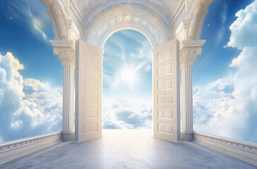 Stairway to Heaven. Stairs in sky. Concept with sun and white clouds. Concept Religion background