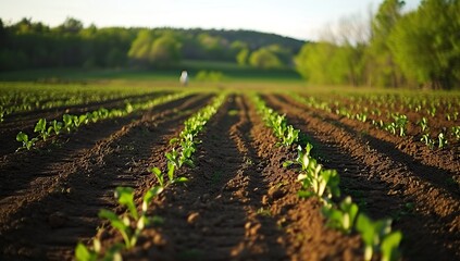 Obraz premium Field of young sprouts against a forest background. Concept of agriculture and spring growth.