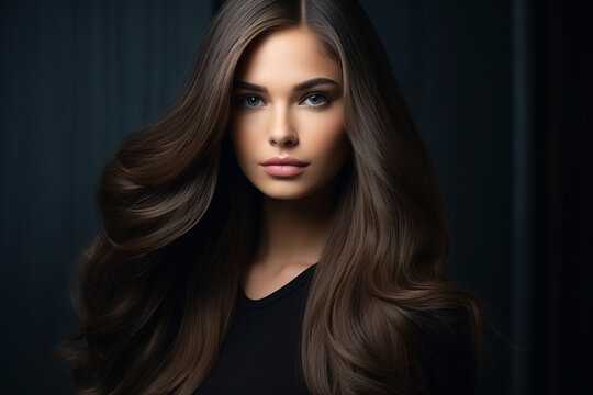 Portrait of a beautiful brunette woman with long straight hair 