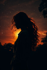 Silhouette of a beautiful young woman on the background of the starry sky