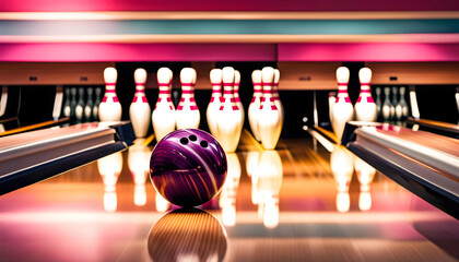 The pins fly off at speed from the bowling ball which hits the pins on the bowling line, Bowling strike, Bowling rest, - obrazy, fototapety, plakaty