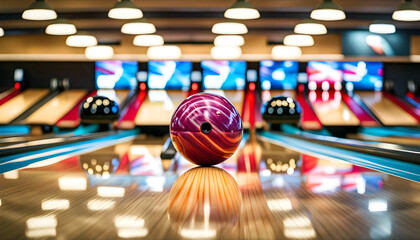 The pins fly off at speed from the bowling ball which hits the pins on the bowling line, Bowling strike, Bowling rest, - Powered by Adobe