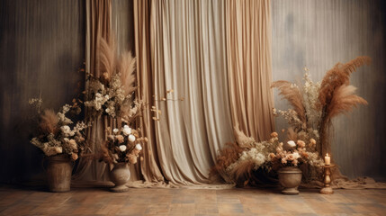 Elegant indoor setting with a soft curtain backdrop, creating a tranquil ambiance for timeless and captivating visuals
