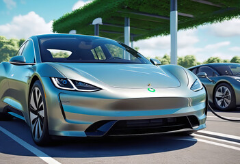 Charging a car at an electric vehicle charging station, Electric vehicle charging station to charge an electric vehicle battery, Clean energy, Sustainable transportation, Green eco-friendly technology