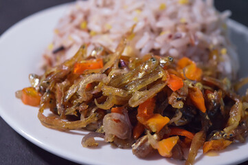 Anchovy onion chili served with warm rice.