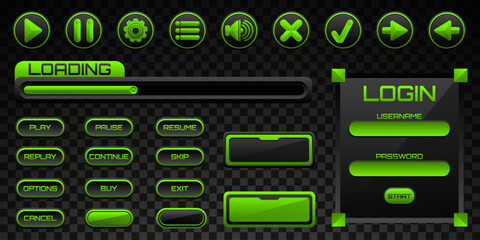 Black and Neon Green Game Menu Interface Buttons and Panels GUI Elements Set for Game UI Designs