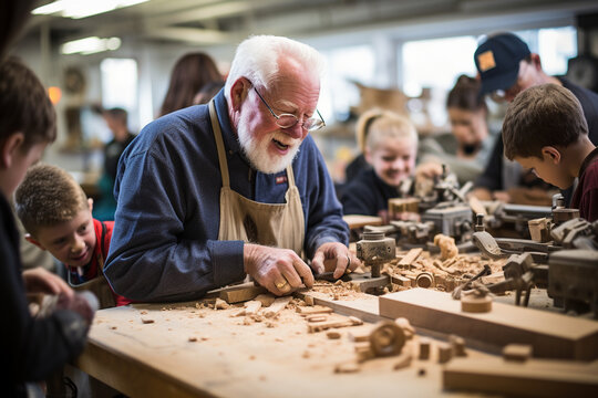 An elderly gentleman passionately teaching woodworking skills to a group of interested learners, showcasing the timeless value of craftsmanship.