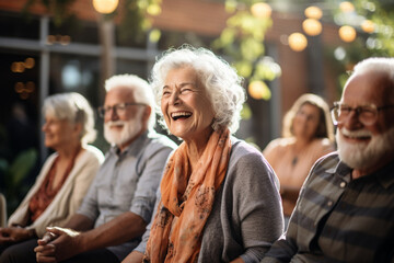 An enthusiastic group of seniors engaged in a laughter yoga session, highlighting the therapeutic benefits of joy and positive energy in their lives. - obrazy, fototapety, plakaty