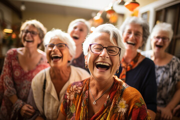 An enthusiastic group of seniors engaged in a laughter yoga session, highlighting the therapeutic benefits of joy and positive energy in their lives. - obrazy, fototapety, plakaty