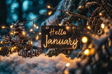 Conceptual image with text Hello January. Blurred background.