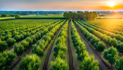 Naklejka premium Morning view of fruit bearing orange orchard with trees in USA, view of agricultural field, Orange trees, Natural example of farm with green field, Beauty in nature, Sustainable agriculture,