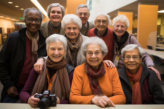 A lively gathering of seniors in a photography club, capturing the beauty of life through their lens and embracing the art of storytelling. - Powered by Adobe