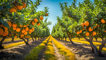 Morning view of fruit bearing orange orchard with trees in USA, view of agricultural field, Orange trees, Natural example of farm with green field, Beauty in nature, Sustainable agriculture, - obrazy, fototapety, plakaty